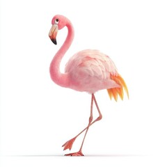 Obraz premium A fluffy pink cartoon flamingo stands on one leg with its head tilted bird