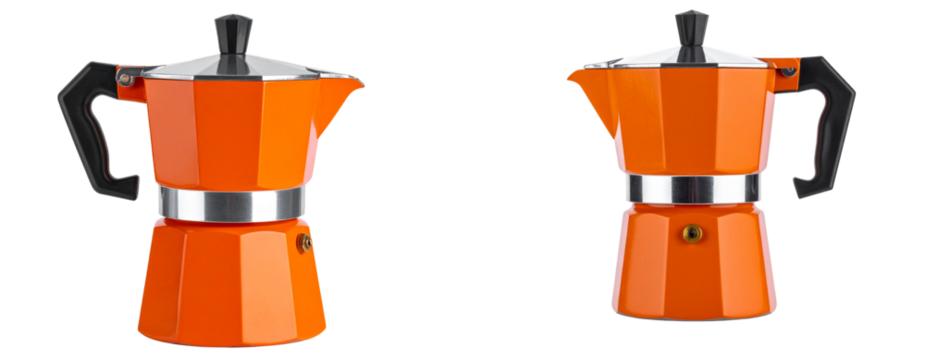 Orange Moka Pot Espresso Maker, Front View, Isolated on Transparent Background