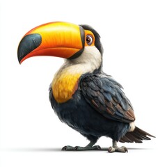 Obraz premium A realistic animated toucan bird with a large colorful beak stands on a white background