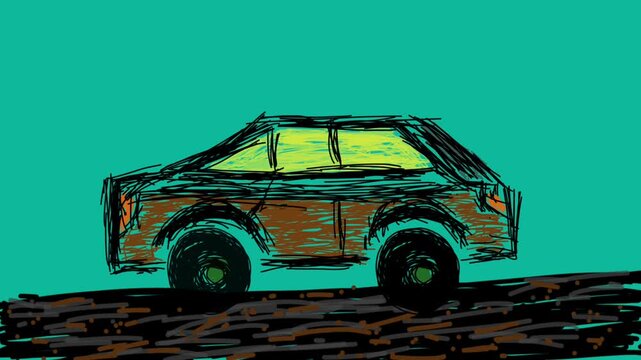 Creative animation of a simple brown car drawing on a textured road with a teal background