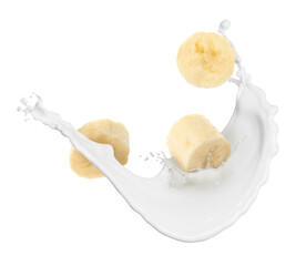 Milkshake splash and banana pieces in air on white background