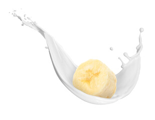 Milkshake splash and banana pieces in air on white background