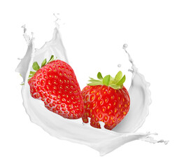 Milkshake splash and strawberries in air on white background
