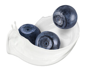 Milkshake splash and blueberries in air on white background