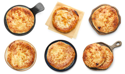 Delicious Megrelian khachapuri isolated on white, set. Top view