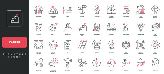 Career path and leadership, ladder to success, achievement line icon set. Potential skills and motivation of corporate staff, leader ambitions thin black and red outline symbols vector illustration