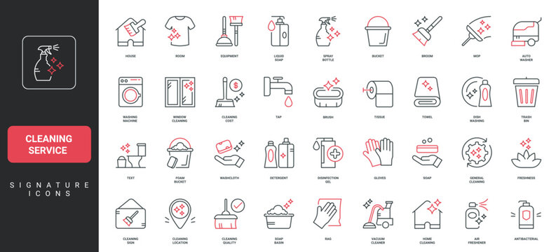 Cleaning service for house, detergent and janitors equipment, household tools line icon set. Cleaning gel and sponge, mop and broom for housework thin black and red outline symbols vector illustration