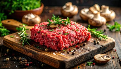 Raw Ground Beef Seasoned With Rosemary and Peppercorns on a Wooden Cutting Board with Mushrooms and Parsley