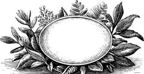 Ornamental circular frame with intertwined fern and laurel leaves design for elegant decoration