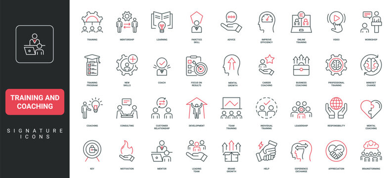 Training and coaching, mentorship, learning for skill development line icon set. Training program, consulting by mentor and coach, focus on results thin black red outline symbols vector illustration