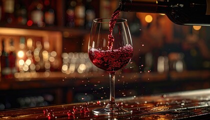 Red wine pouring into a clear glass with splashes on a wooden bar counter in a dimly lit restaurant with bokeh lights in the background