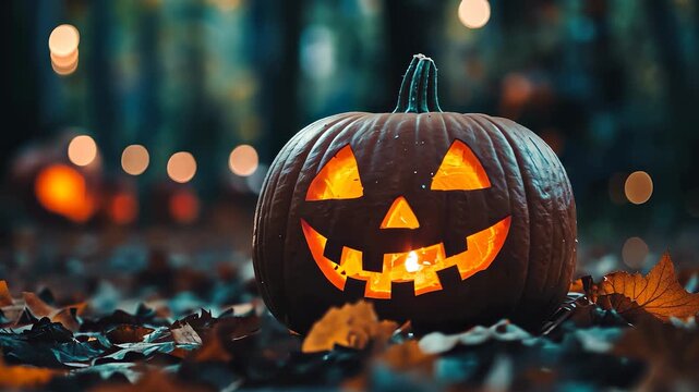 A bright pumpkin sits on the forest floor, featuring a carved smile and glowing face. Surrounding pumpkins and fallen leaves create an enchanting Halloween atmosphere.