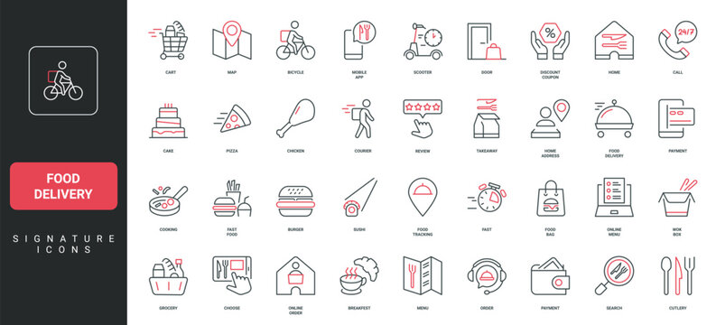 Food delivery to home from cafe and restaurant, online menu, payment line icon set. Pizza and burger, grocery to deliver by mobile transport thin black and red outline symbols vector illustration