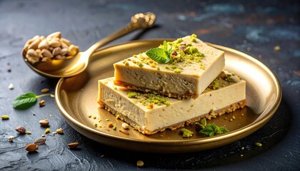 Rich Pistachio Dessert Slices Served on a Golden Plate with a Spoonful of Nuts and Mint Garnish on a Dark Textured Surface with Soft Lighting