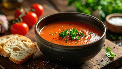 Rich Tomato Soup in a Dark Bowl Garnished with Parsley and Black Pepper Beside Sliced Bread and Garlic on a Wooden Board