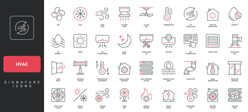 HVAC, heating, ventilation and air conditioning system for home, car line icon set. AC and smart control of comfortable temperature, cooling thin black and red outline symbols vector illustration