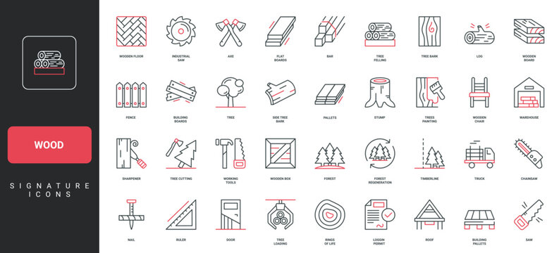 Wood, logging and forestry, wooden construction materials production, carpentry line icon set. Forest tree and timber, log, carpenters tools thin black and red outline symbols vector illustration