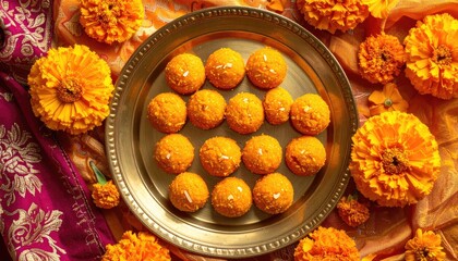 Round Orange Laddu Sweets Topped With White Sprinkles Arranged On A Brass Plate With Marigold Flowers And Orange Fabric Background Macro Shot
