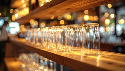 Row of Clear Drinking Glasses Lined Up on a Wooden Shelf in a Bar with Blurred Warm Bokeh Lights in the Background