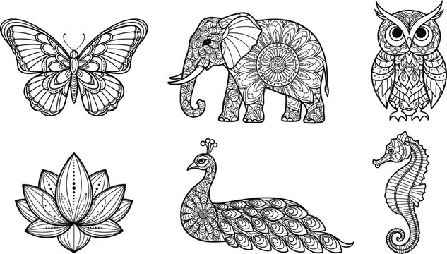 Mega Set of Zentangle Style Butterfly, Elephant, Owl, Peacock, and Lotus Coloring Page Vector Illustration
