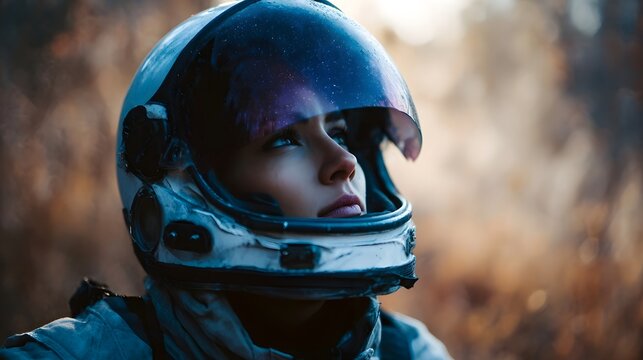Close up portrait of an astronaut wearing a helmet with a reflection of stars and cosmos visible in the visor