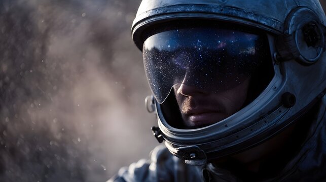 Close up portrait of an astronaut wearing a helmet with the reflection of stars and galaxy in the visor evoking a sense of cosmic explo n