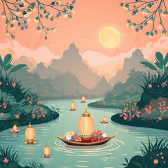 Vector Thai herbal spa items: lemongrass, herbal compress, candles, minimal flat design, soft neutral palette