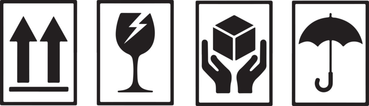 Packaging symbols, fragile and packing care label, vector illustration. Fragile. Handle with care. Keep away from water. This side up. Packaging symbols. Vector icon set.