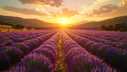 Rows Of Vibrant Lavender Flowers Under A Golden Sunset Sky With Distant Hills And Trees In A Rural Landscape