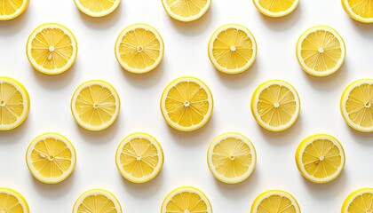 Seamless pattern of sliced lemons evenly spaced on a clean white background with bright studio lighting casting subtle shadows.