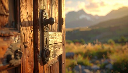 Rustic Wooden Door Opens To Golden Hour Mountain Landscape With Soft Sunlight And Wild Grass