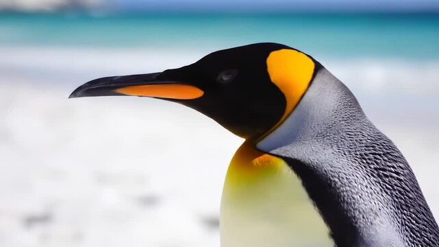 Majestic King Penguin, black, orange, grey, and white, on a sandy beach with a blurred turquoise ocean