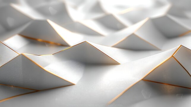 Geometric white paper abstract background with soft golden edges forming triangular pyramids