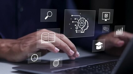 E-learning technology concept. Artificial intelligence, AI enhanced learning with personalized courses. webinar, online education and training to develop new skills and knowledge.  - Powered by Adobe