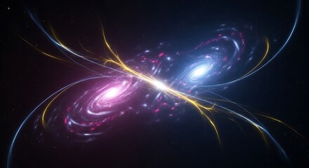 Obraz premium Abstract visualization of a spectacular galactic collision, with swirling blue and pink spiral galaxies interacting in deep space