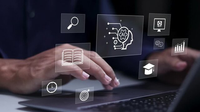 E-learning technology concept. Artificial intelligence, AI enhanced learning with personalized courses. webinar, online education and training to develop new skills and knowledge. 