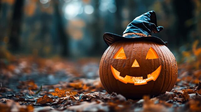 A carved pumpkin with a smiling face rests on the forest floor, wearing a black witch's hat. The glowing pumpkin illuminates the autumn leaves around the pumpkin, enhancing the Hal