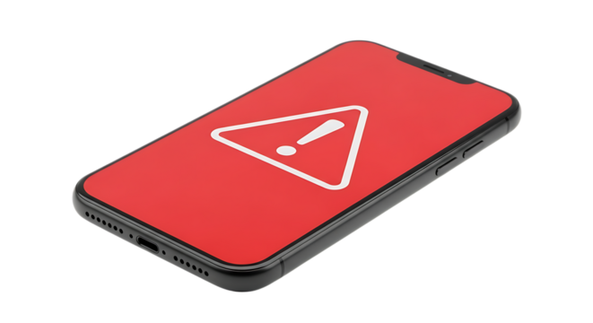 Smartphone displaying a red screen with a white exclamation mark warning symbol isolated on white background