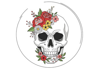 A skull adorned with flowers encircled by two rings