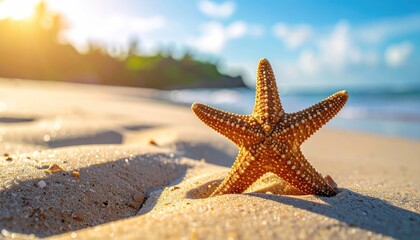 Starfish resting on a sandy beach during a bright sunny day with gentle ocean waves in the background highlighting a tropical vacation scene