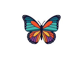 A vibrant stylized butterfly with teal orange yellow and purple sections outlined in dark blue with white dots