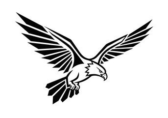 Obraz premium Black and white graphic depicts a stylized eagle in flight wings spread wide talons extended