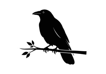 Black silhouette of a crow perched on a branch with small leaves