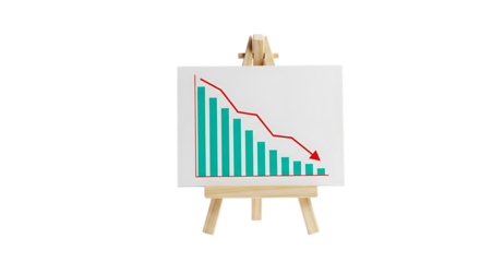 Wooden easel displaying a financial bar chart with a downward trending red line isolated on white background