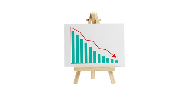 Wooden easel displaying a financial bar chart with a downward trending red line isolated on white background