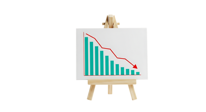 Wooden easel displaying a financial bar chart with a downward trending red line isolated on white background