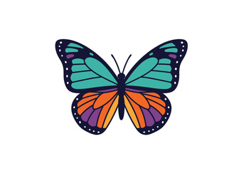 Colorful butterfly illustration with teal orange and purple hues on a white background