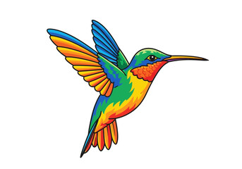 Colorful hummingbird with outstretched wings facing right on a white background