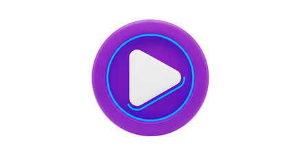 Vibrant purple play button icon with neon blue outline isolated on white background