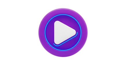 Vibrant purple play button icon with neon blue outline isolated on white background
